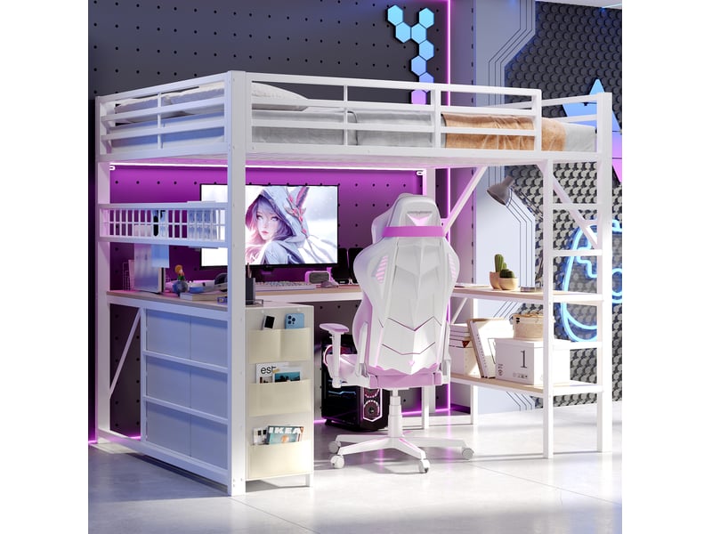  Lit mezzanine 140 × 200 cm 2 places avec bureau, 6 tiroirs, étagères et éclairage led, sans matelas, métal et mdf blanc  - Conforama B