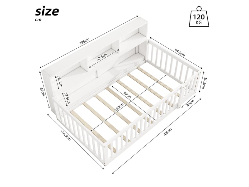 Lit banquette enfant 90 x 200 cm avec sommier, rangements et barrières, blanc - Conforama C