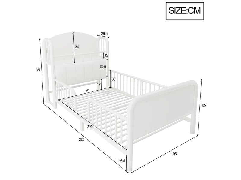 Lit enfant 90x200 cm avec barrières, rangement en tête de lit et led, blanc - Conforama E