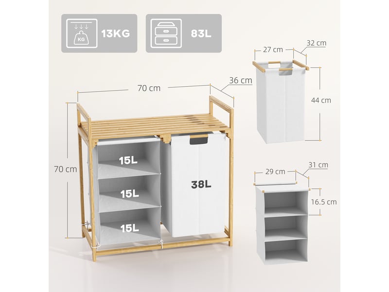  Panier à linge 83 l avec 4 compartiments, 2 sacs amovibles, poignée et structure en bambou, 70 x 36 x 70 cm, blanc  - Conforama C