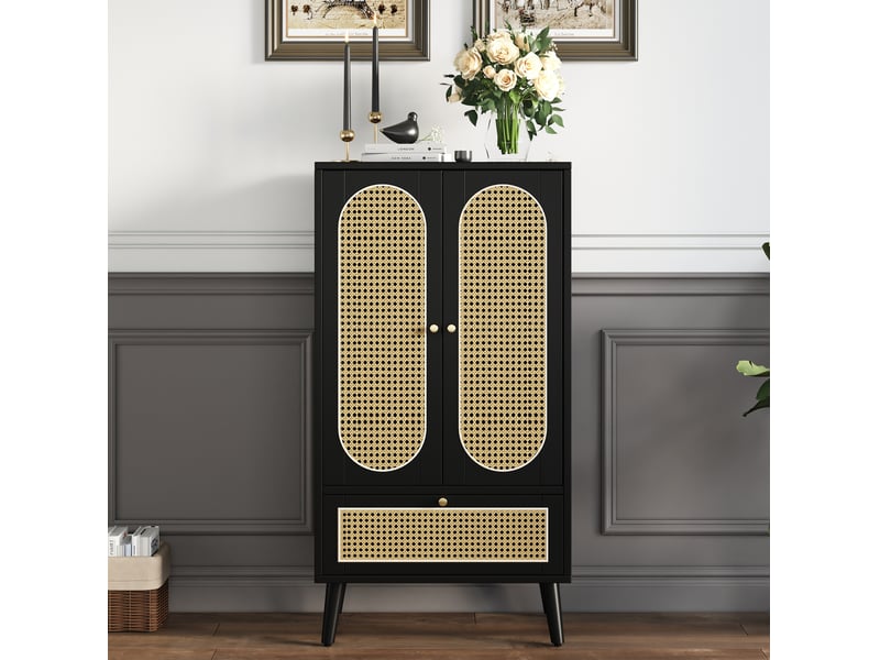 Buffet haut modenvie noir avec façades en rotin 60 x 40 x 110,5 cm, 2 portes et 1 tiroir - Conforama B