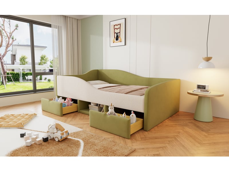  Canapé-lit 90x190 cm avec deux tiroirs et barrière de sécurité, cadre de lit adulte, lit simple en velours, vert foncé + crème  - Conforama E
