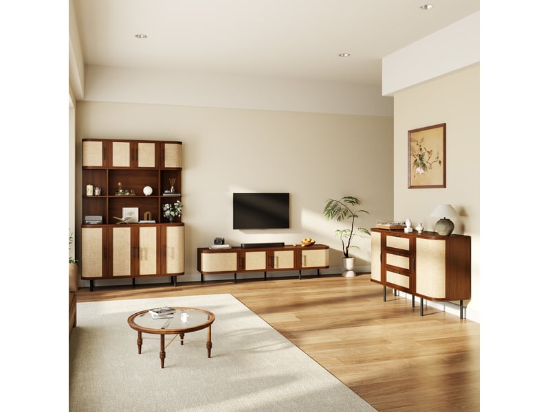  Ensemble de meubles salon 3 pièces, meuble tv 180x40x45 cm, buffet, meuble haut, façades tressées, mdf, noyer  - Conforama B