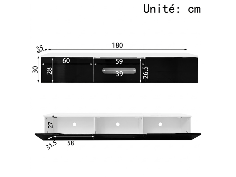  Meuble tv noir et blanc 180 cm – led 16 couleurs, finition brillante, mural ou au sol  - Conforama D