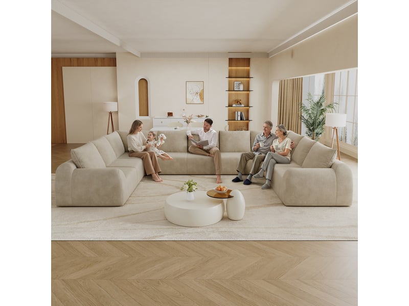 Canapé compressé en forme de u, 411x267x85 cm, 9 places, mousse haute élasticité, sans montage, tissu chenille, kaki - Conforama D