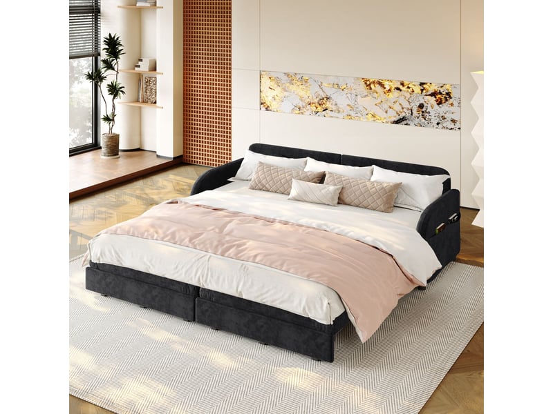 Canapé-lit 206 cm fonction couchage coussins amovibles poches de rangement latérales revêtement en chenille coloris noir - Conforama B