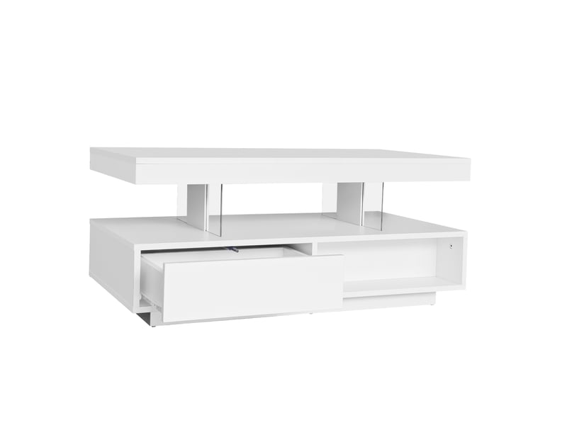  Table basse blanche laquée brillante 95 x 50 x 42,5 cm - avec 4 étagères en verre, 2 tiroirs et 2 compartiments ouverts, meuble de salon, table basse  - Conforama E