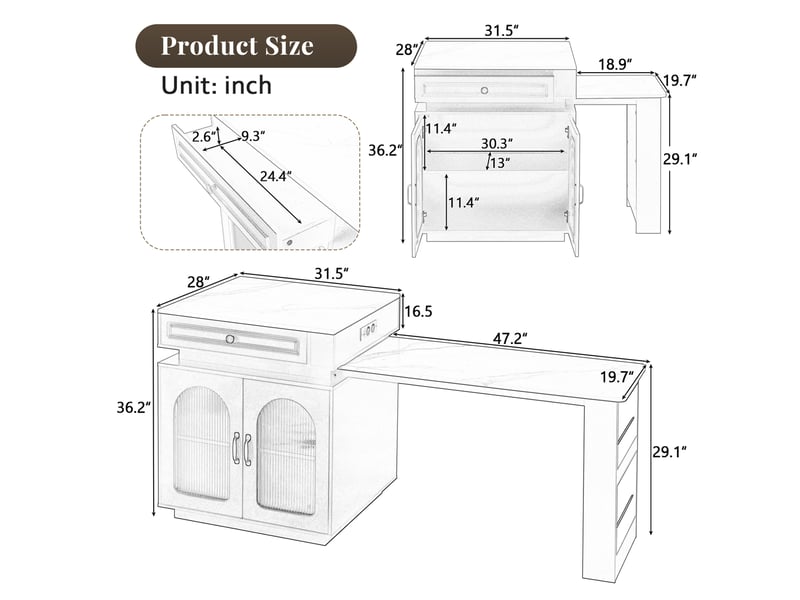  Table extensible avec 1 tiroir, niches ouvertes, led et prises usb pour cuisine et salle à manger, 128 × 71 × 92 cm  - Conforama D