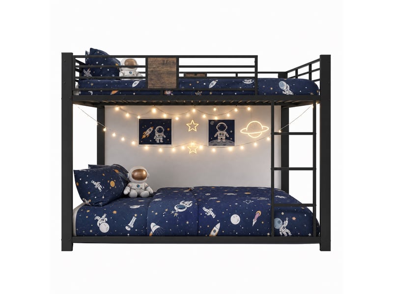  Lit superposé 140x200 cm en métal, lit mezzanine bas 145 cm avec échelle réversible, garde-corps sécurité, décor bois - noir  - Conforama A