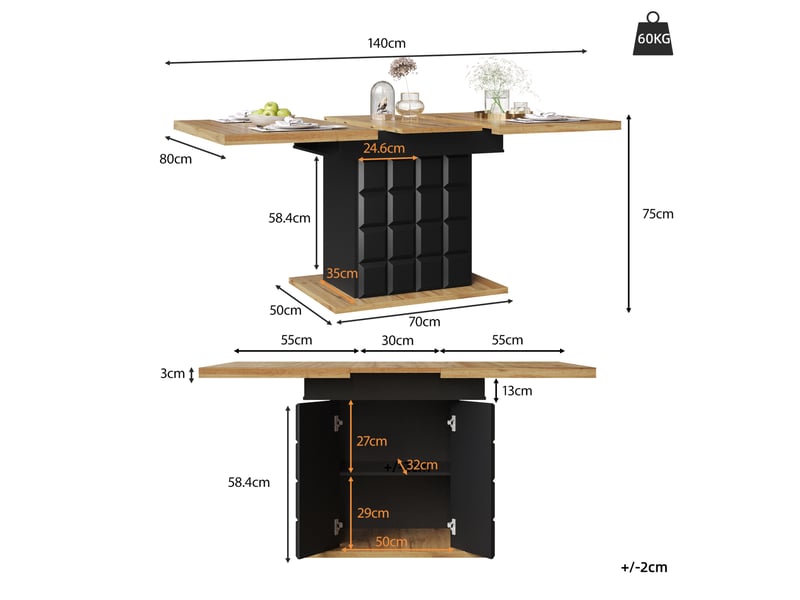  Table extensible (110)140×80x75cm avec portes à motif de damier, design à veines de bois, mdf, couleur naturel et noir  - Conforama D