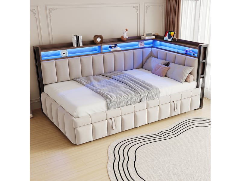 Lit gigogne 90x200 cm en velours beige, led réglable, rangements et ports usb type-c intégrés au dossier - Conforama B