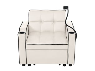 Fauteuil convertible lit 1 place beige velours, canapé relax multifonction avec rangement latéral et porte-gobelets, design moderne compact