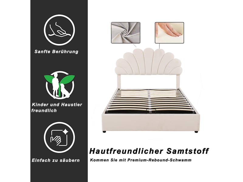 Lit coffre enfant 140x200 cm, espace de rangement, tête de lit réglable, sommier, velours beige, sans matelas - Conforama D