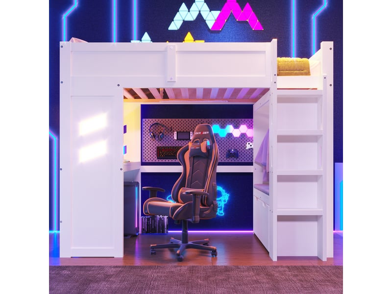  Lit mezzanine gaming 90x200cm avec bureau, led, usb et type-c, échelle, tiroir, sans matelas, blanc, structure pin  - Conforama E