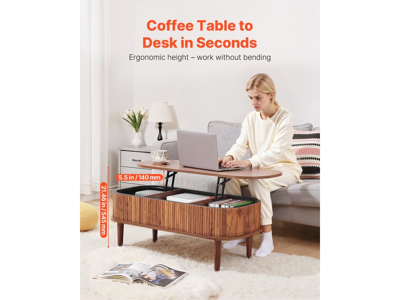  Vevor table basse relevable ovale - finition noyer, rangement 3 compartiments, plateau relevable métal, mdf et pin CQ-BLWB-SJZ001 - Conforama D