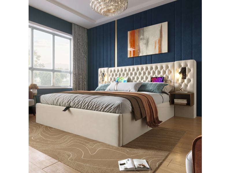 Lit coffre 180 x 200 cm avec 2 tables de chevet, liseuses usb et type-c, beige, velours - Conforama D