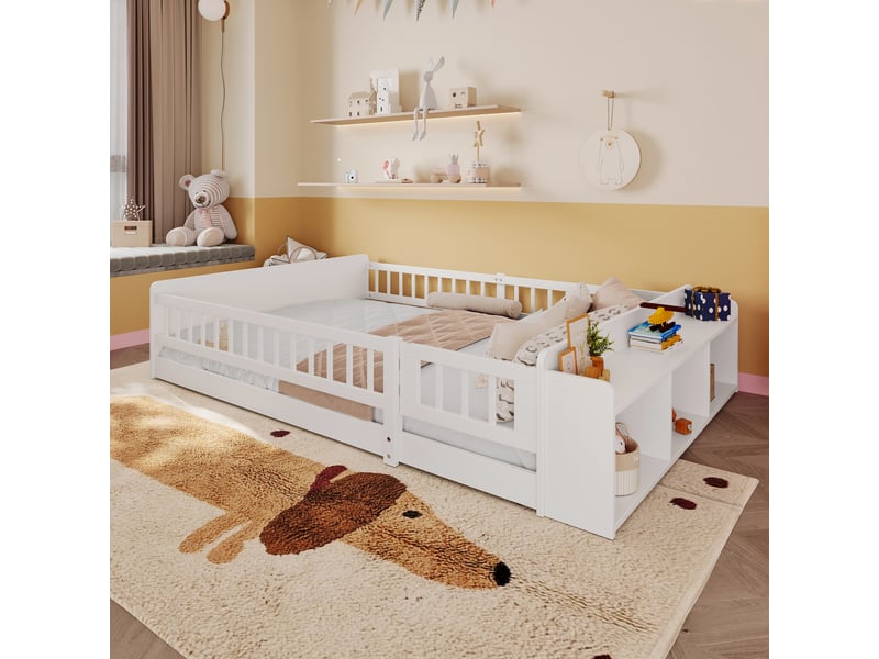  Lit enfant 140x200 cm avec rangements ouverts et porte-barrière en pin et mdf blanc  - Conforama B