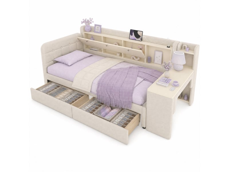  Lit simple 90x200 cm avec 2 tiroirs, bureau et ports usb et usb type c en lin beige  - Conforama A