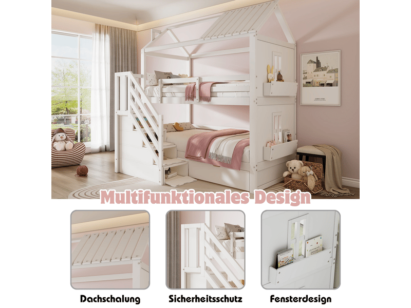 Lit superposé 90x200 - rangement tiroirs - lit superposé enfant - design cabane, escalier, étagères et bois blanc  - Conforama D