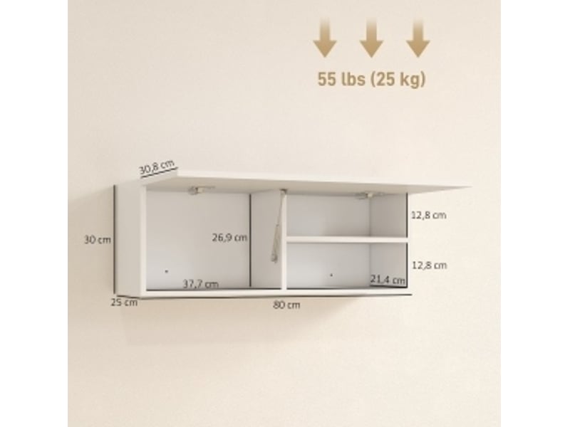  Meuble de salle de bain mural 80 x 25 x 30 cm blanc en bois, porte relevable, rangement avec étagère  - Conforama C