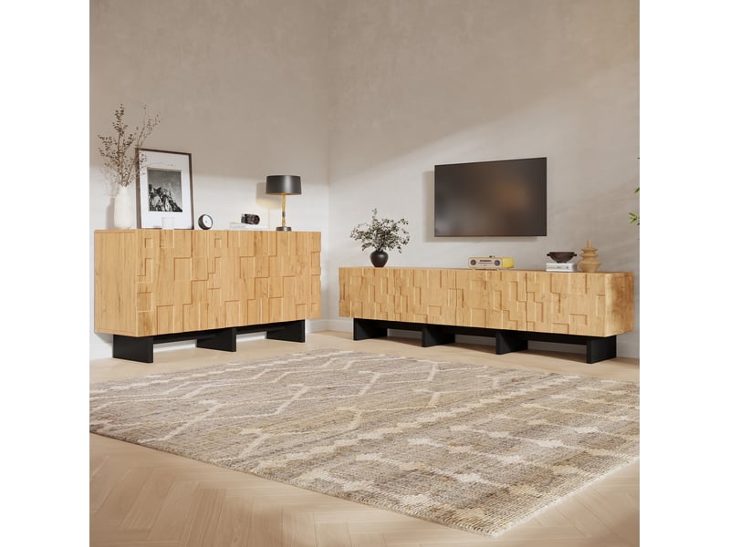  Ensemble meuble tv et buffet bas naturel à accents noirs – 180 x 38,5 x 45 cm et 140 x 40 x 70 cm  - Conforama B
