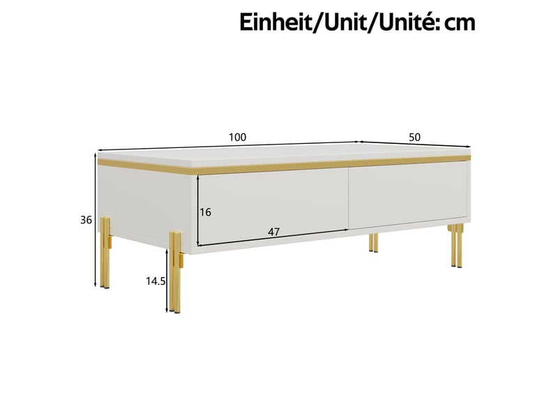  Table basse rectangulaire 100x50x36 cm avec rangement tiroirs double face, pour salon, panneau de particules, blanc  - Conforama C