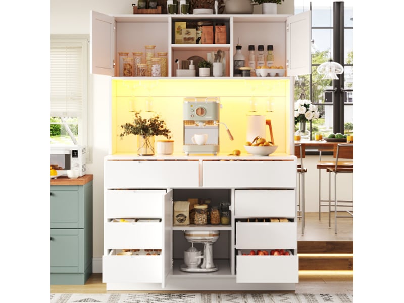 Armoire haute blanche moderne avec éclairage led - 8 tiroirs, étagères réglables, fermeture magnétique, 120×40×183,5 cm - Conforama E