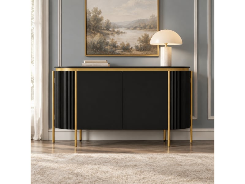  Buffet et enfilade ovale avec 4 portes, étagère, passe-câbles et pieds métal pour salon en mdf 140×38×80 cm noir  - Conforama C