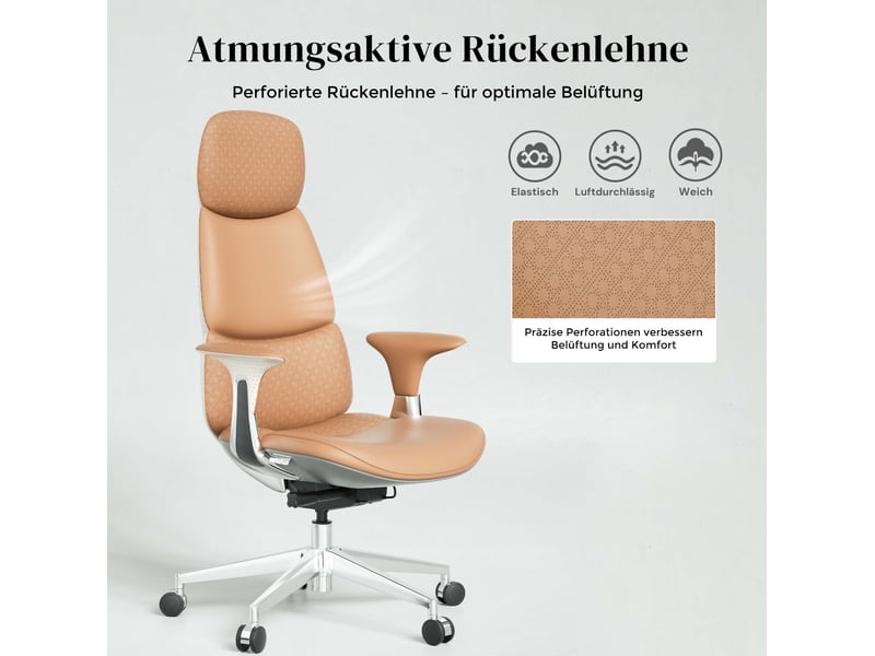  Fauteuil de bureau 70 x 66 x 114 cm marron en cuir de bovin, inclinaison réglable à 135 degrés  - Conforama D