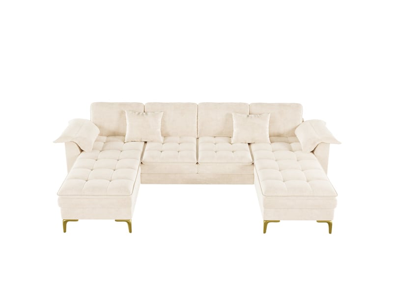 Canapé panoramique en u 4 places modulable avec deux méridiennes, coussins et pieds métalliques dorés en chenille beige - Conforama A