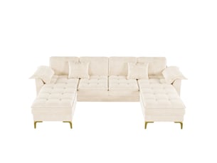 Canapé panoramique en u 4 places modulable avec deux méridiennes, coussins et pieds métalliques dorés en chenille beige