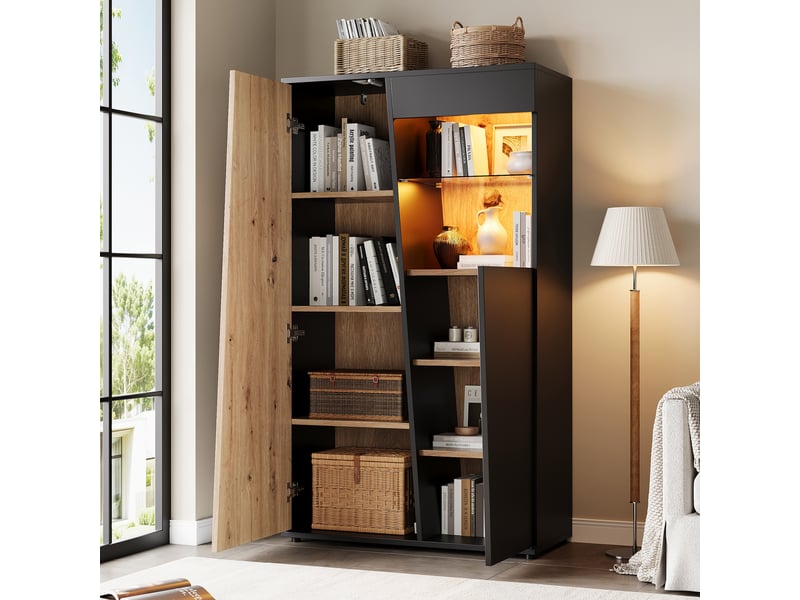  Vitrine haute 80x35x139,5 cm avec led, portes vitrées, étagères réglables en verre trempé, meuble de rangement mdf noir et bois OMNIGLINT TRADING LTD - Conforama D
