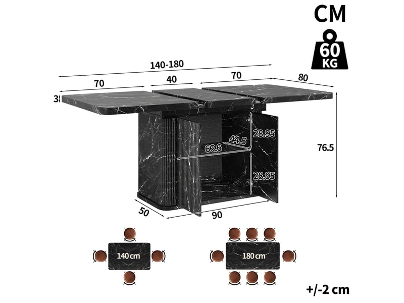 Table de salle à manger extensible avec rangement caché et portes à relief, effet marbre noir, 140 × 80 × 76,5 cm  - Conforama E