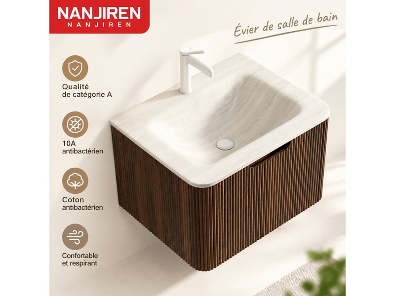  Meuble vasque suspendu 60 cm, vasque intégrée en pierre frittée effet travertin, noyer  - Conforama D