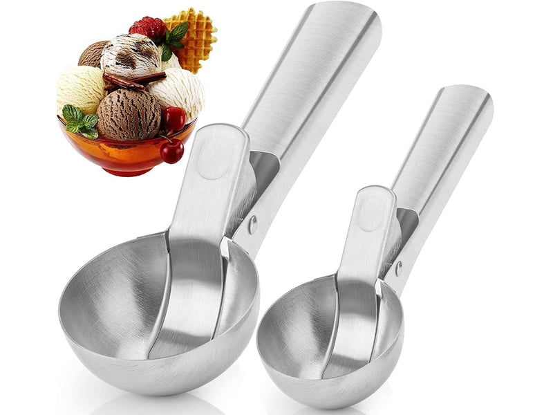  2 pièce cuillère à glace en acier inoxydable cuillère scooper avec déclencheur pour crème glacée fruits pâte à biscuits boule de glace  - Conforama A