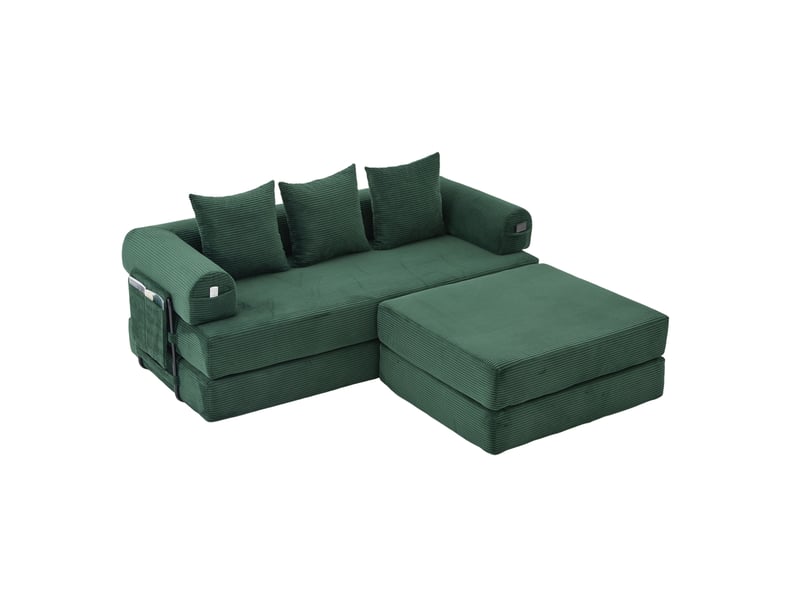  Canapé modulable 3 places modenvie en velours côtelé vert émeraude avec pouf et poche latérale 200 x 190 cm  - Conforama A