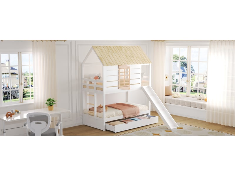  Lit superposé cabane 2 × 90 × 200 cm, toboggan et 2 tiroirs, blanc et bois naturel  - Conforama B