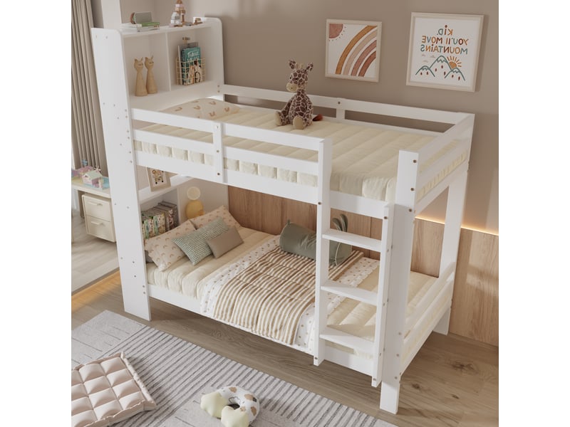  Lit superposé 90x200 cm avec bureau intégré étagères et rangements lit enfant gain de place en bois massif mdf blanc  - Conforama B