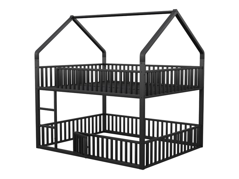  Lit superposé 140x200 - design cabane métal noir - lit superposé enfant - avec petite porte, échelle, barrières  - Conforama E