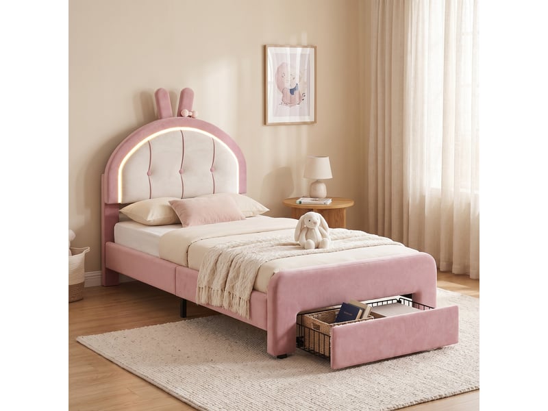  Lit simple 90x200 cm avec 1 tiroir et led, lit enfant capitonné en velours, tête de lit oreilles de lapin réglable et sommier, rose  - Conforama D