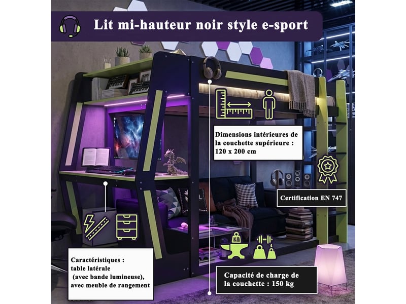 Lit mezzanine gaming 120 x 200 cm avec bureau, support pc, rangements et éclairage led, noir et vert evarich - Conforama D