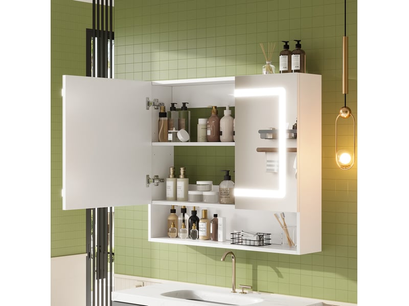  Armoire de toilette à miroir 2 portes avec éclairage led et fonction antibuée, blanc, 80 x 17 x 70 cm  - Conforama C