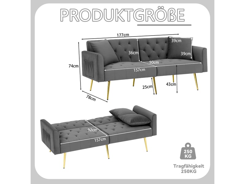Canapé convertible 2 places inclinable - 3 positions, 2 coussins, pieds métal, velours - gris - Conforama D