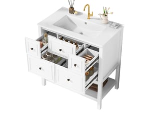 Meuble vasque 76 cm sur pied, meuble salle de bain blanc en mdf laqué avec vasque en céramique intégrée, 5 tiroirs et étagère, 76x46,5x82cm