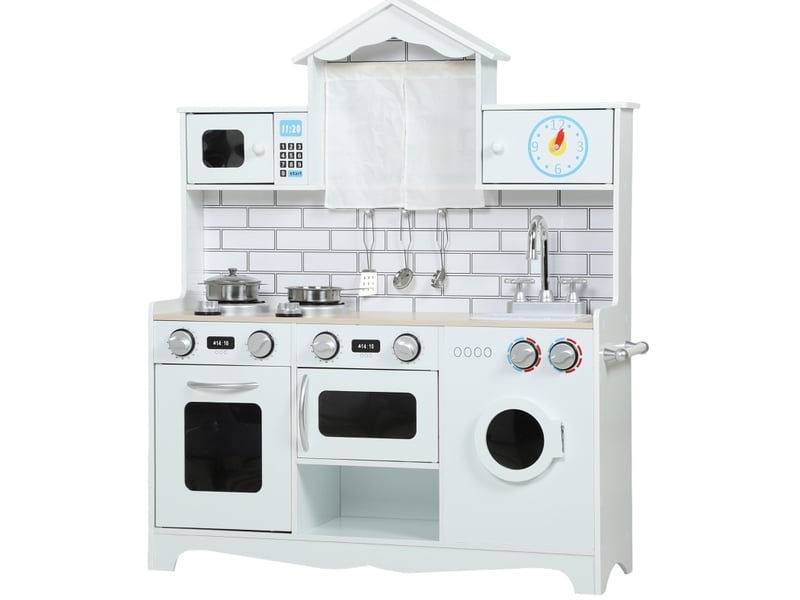  Cuisine enfant 79.5x24x94 cm avec four, évier, fonction sonore et accessoires en bois blanc  - Conforama A