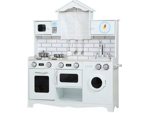 Cuisine enfant 79.5x24x94 cm avec four, évier, fonction sonore et accessoires en bois blanc