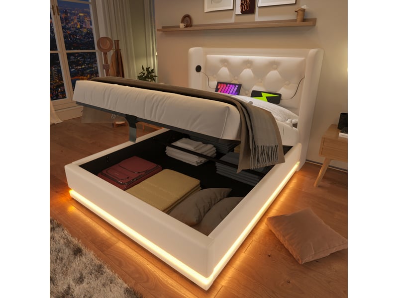  Modenvie lit coffre 90x200 cm - rangement hydraulique, ports usb et usb-c, sans matelas - blanc  - Conforama D
