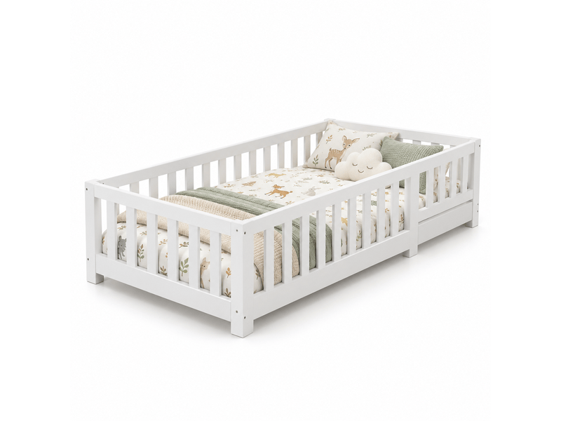  Lit enfant - cadre de lit au sol - 90 x 200 cm - bois de pin massif - avec barrière de sécurité et porte -  lit au sol enfant 90x200 cm - lit simple avec sommier à lattes - protection contre les chutes - lit au sol pour enfant -…  - Conforama A