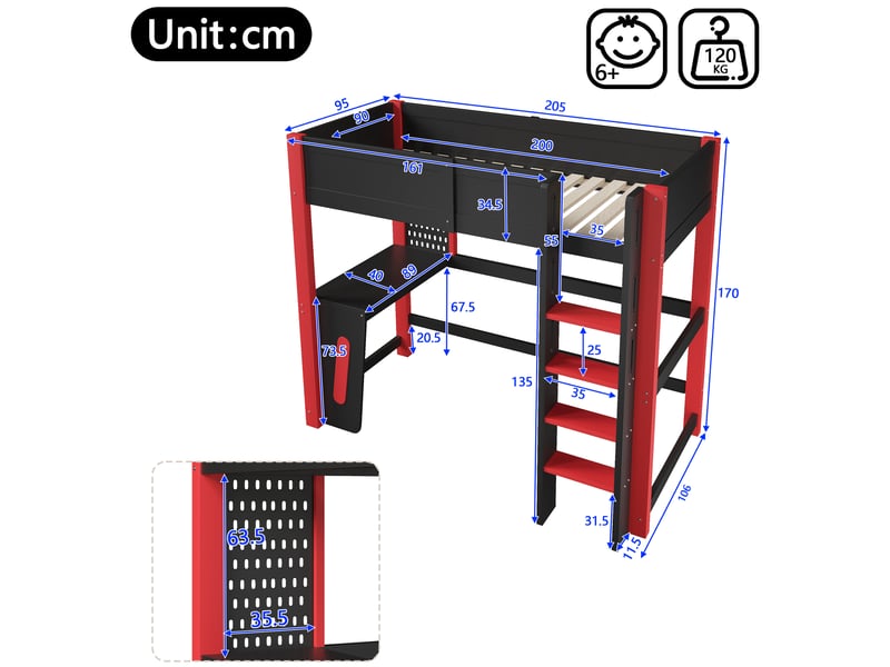 Lit mezzanine 90x200 cm en pin, bureau, panneau perforé, bandeau led, sans matelas, noir - Conforama C