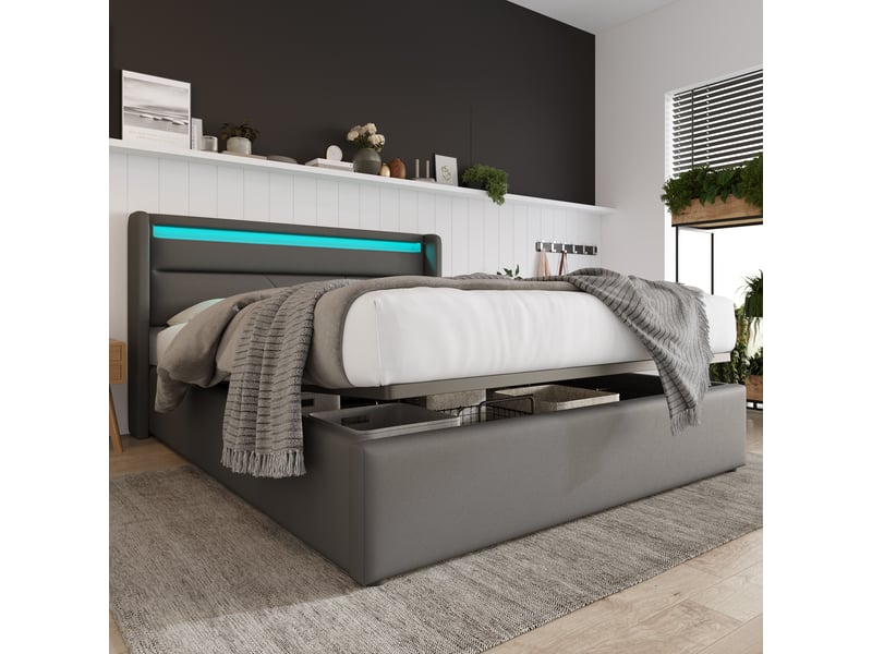  Lit coffre 140x200 cm - lit coffre capitonné double avec tête de lit led et coffre hydraulique, pu gris, matelas inclus  - Conforama B